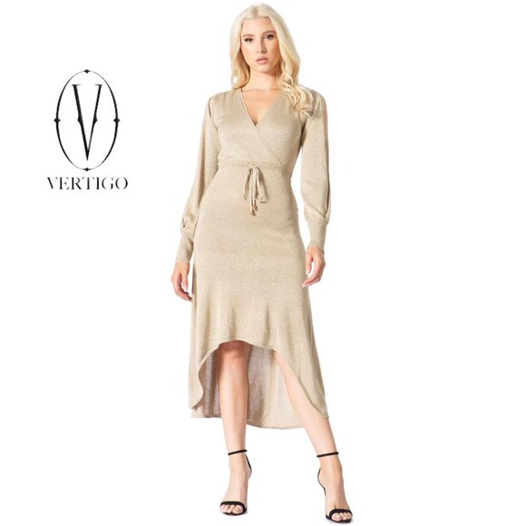 Vertigo, Surplice Neck Cold Shoulder Hi Lo Hem Dress, Gold Metallic, Sz M - Picture 1 of 14